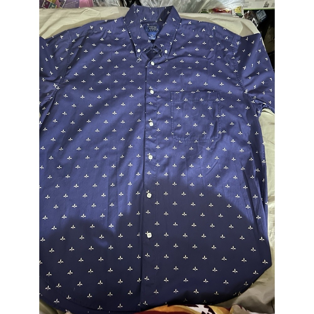 Cambridge Classics Men's Large Navy Fleur De‎ Lis Button Down Short Sleeve